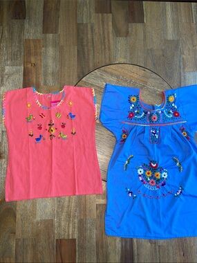 Hand-Embroidered Mexican Tops - Coral & Bright Blue